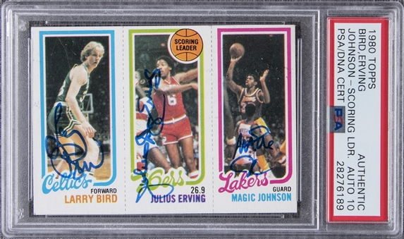 1980-81 Topps Larry Bird, Julius Erving and Magic Johnson Rookie Card – Signed by All Three Hall of Famers! – PSA Authentic, PSA/DNA GEM MT 10 Signatures!